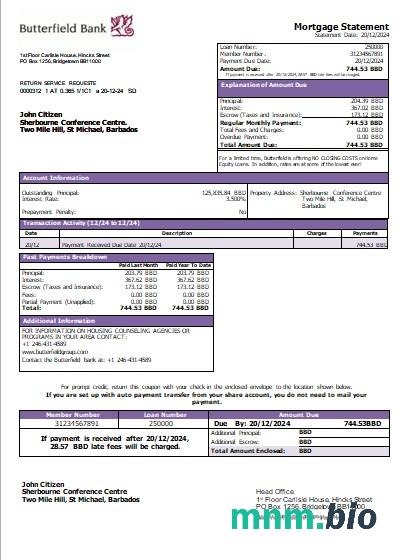 Barbados Bank Butterfield wyciąg z kredytu hipotecznego szablon Word i PDF